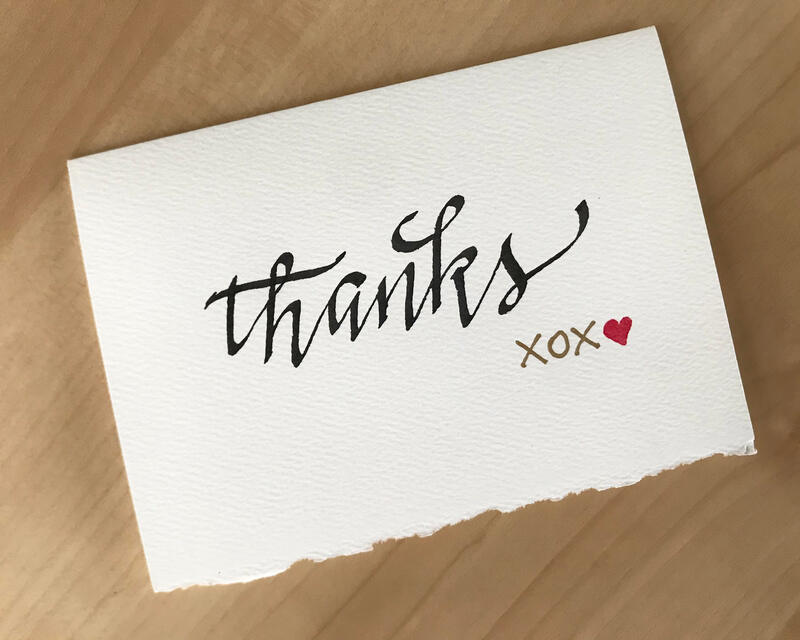 THANKS -hand lettered  stationery in modern calligraphy; 10 notecards and kraft envelopes