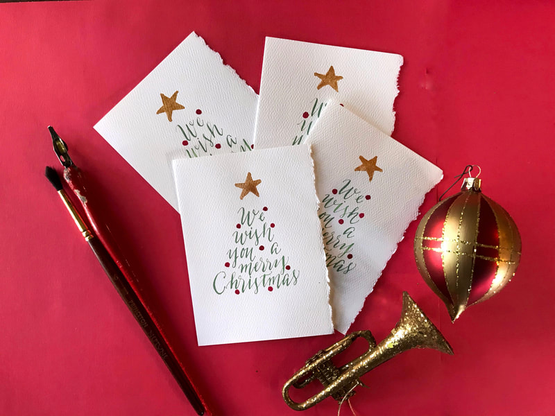 4  Merry Christmas Cards w/ red envelopes - hand lettered calligraphy cards in red, green and gold ink