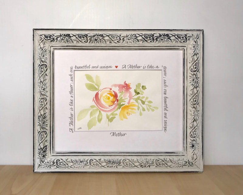 Hand painted watercolor floral artwork with hand lettered calligraphy quote, custom frame 10x12