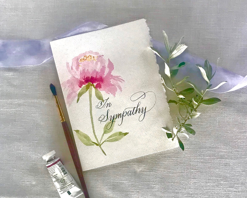 IN SYMPATHY - Beautiful Hand Painted Watercolor Flower Card with Hand Lettered Calligraphy