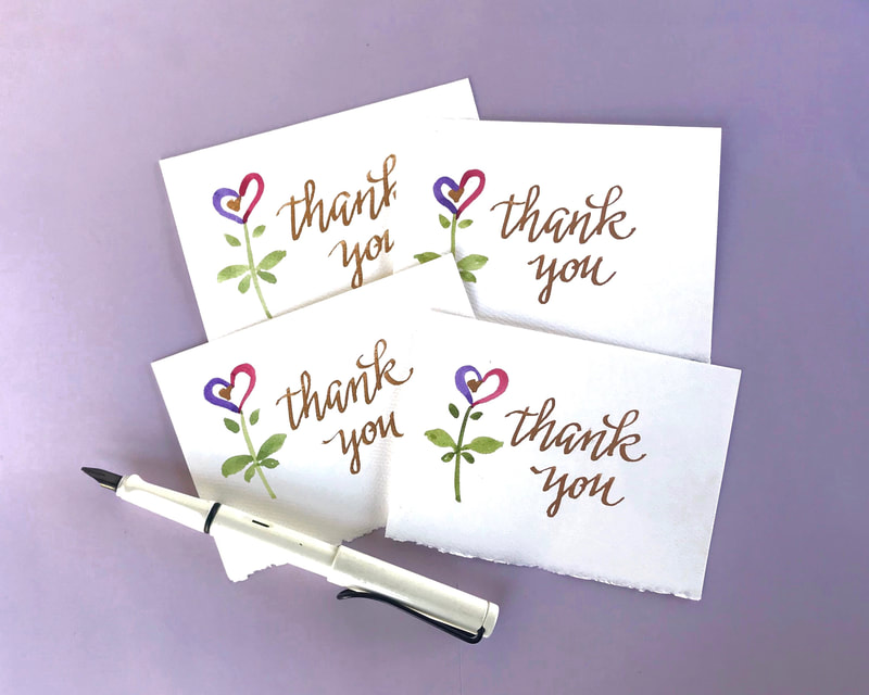 THANK YOU - 4 Hand Lettered Calligraphy Notecards with Hand Painted Heart Flowers