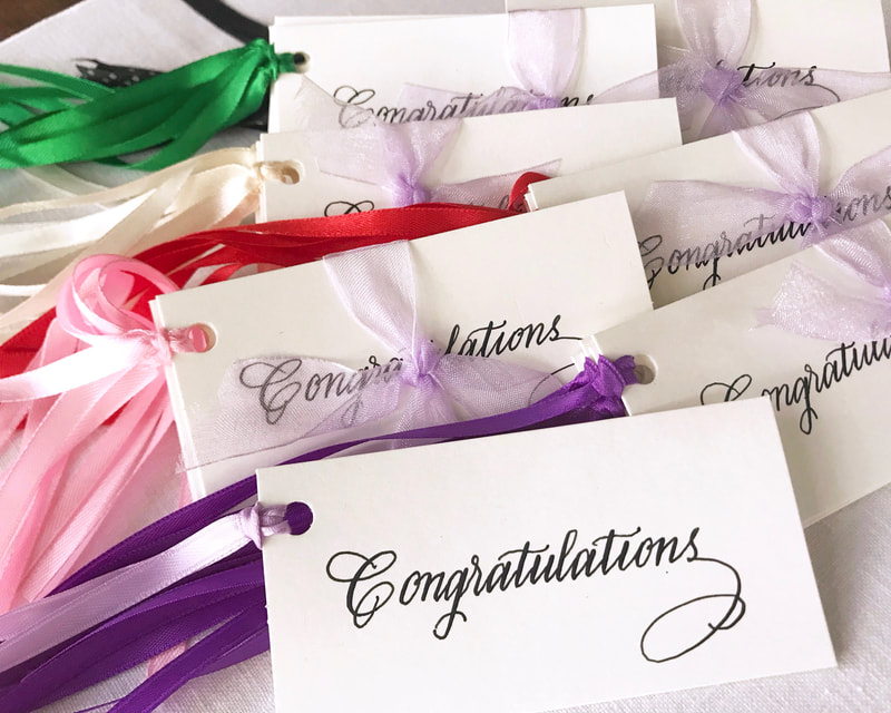 CONGRATULATIONS - hand lettered calligraphy gift tags with ribbon