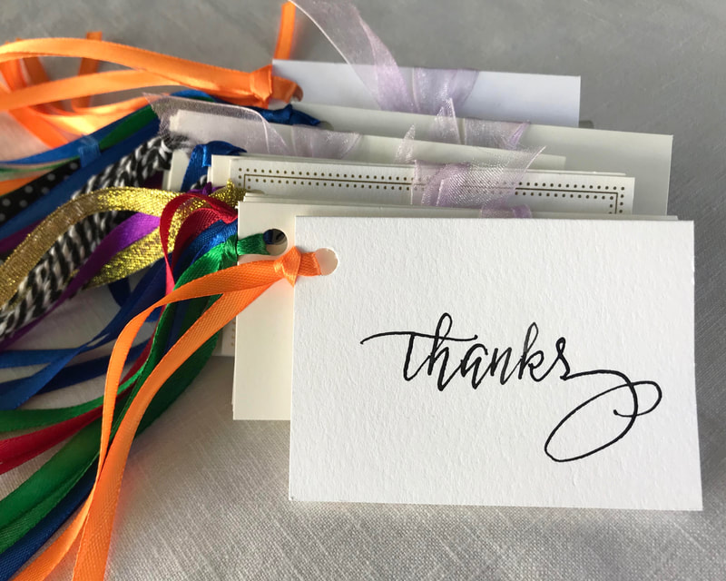 THANKS - hand lettered calligraphy gift tags with ribbon