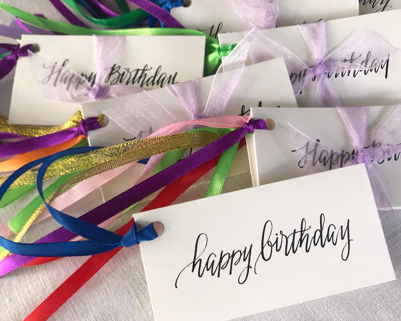 HAPPY BIRTHDAY - hand lettered calligraphy gift tags with ribbon