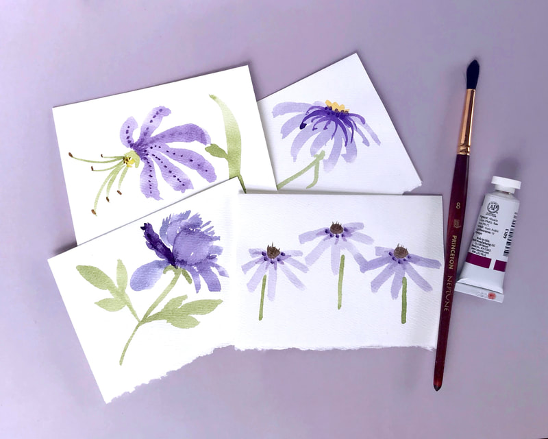 4  PURPLE  Hand Painted Watercolor Flowers, Notecard Set