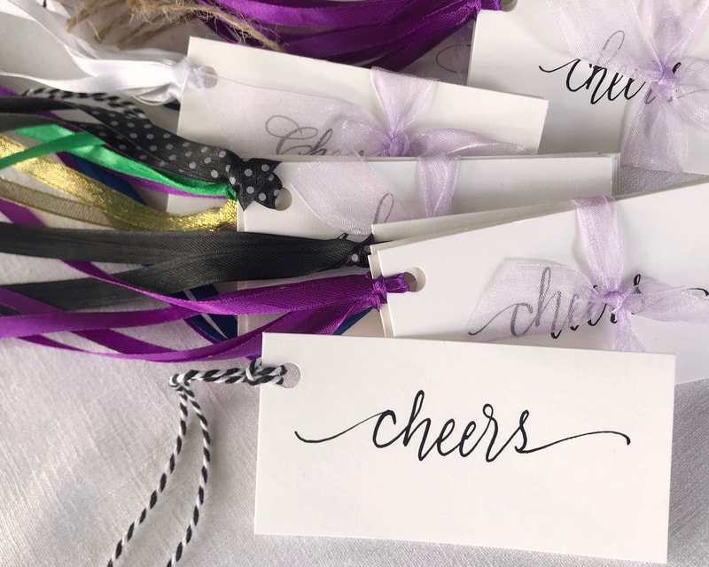 CHEERS - hand lettered calligraphy gift tags with ribbon