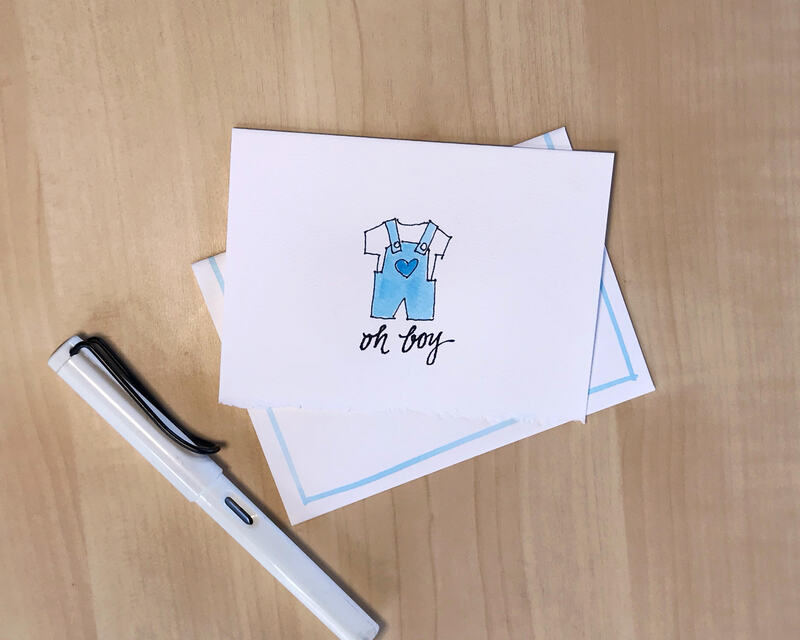 BLUE Baby Boy's  Overalls hand painted in watercolor on 4 Notecards, Stationery for Toddler Boy, Personalized in Hand Lettered Calligraphy