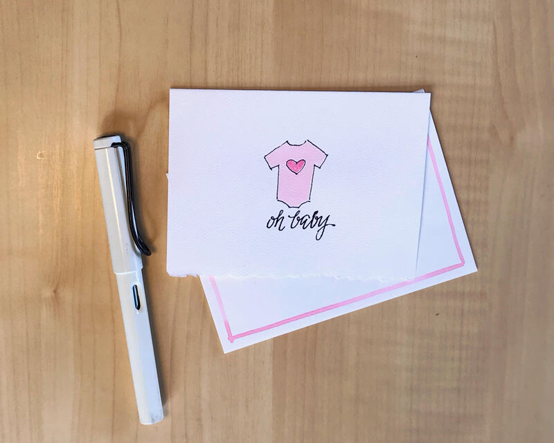 4 Hand painted watercolor baby girl cards, pink onesie, personalized in hand lettered calligraphy
