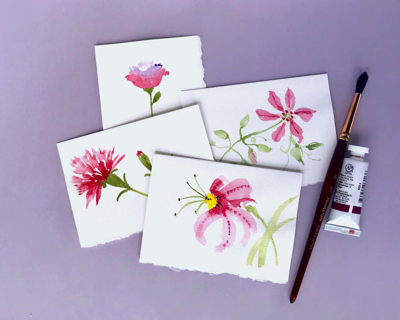 Hand Painted Watercolor  Pink Flowers,  Notecard Set